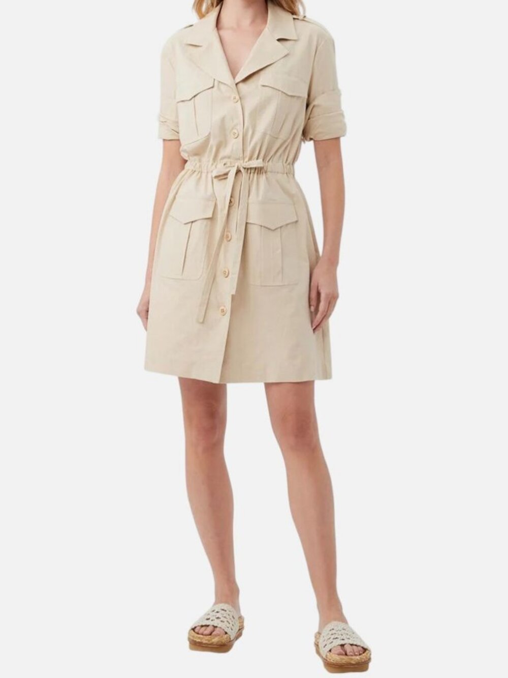 Trina Turk Women's Beige Linen Collared Button-Up Drawstring Tasha Dress Size M
